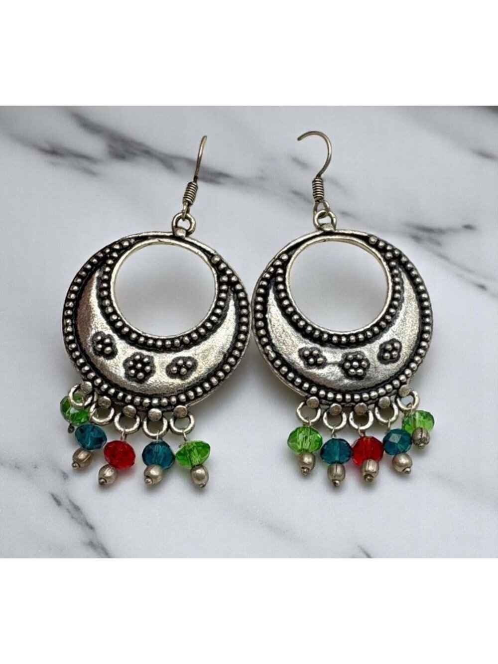 Bohemian Silver Tone Crescent Earrings Bead Accents Multicolor Dangle